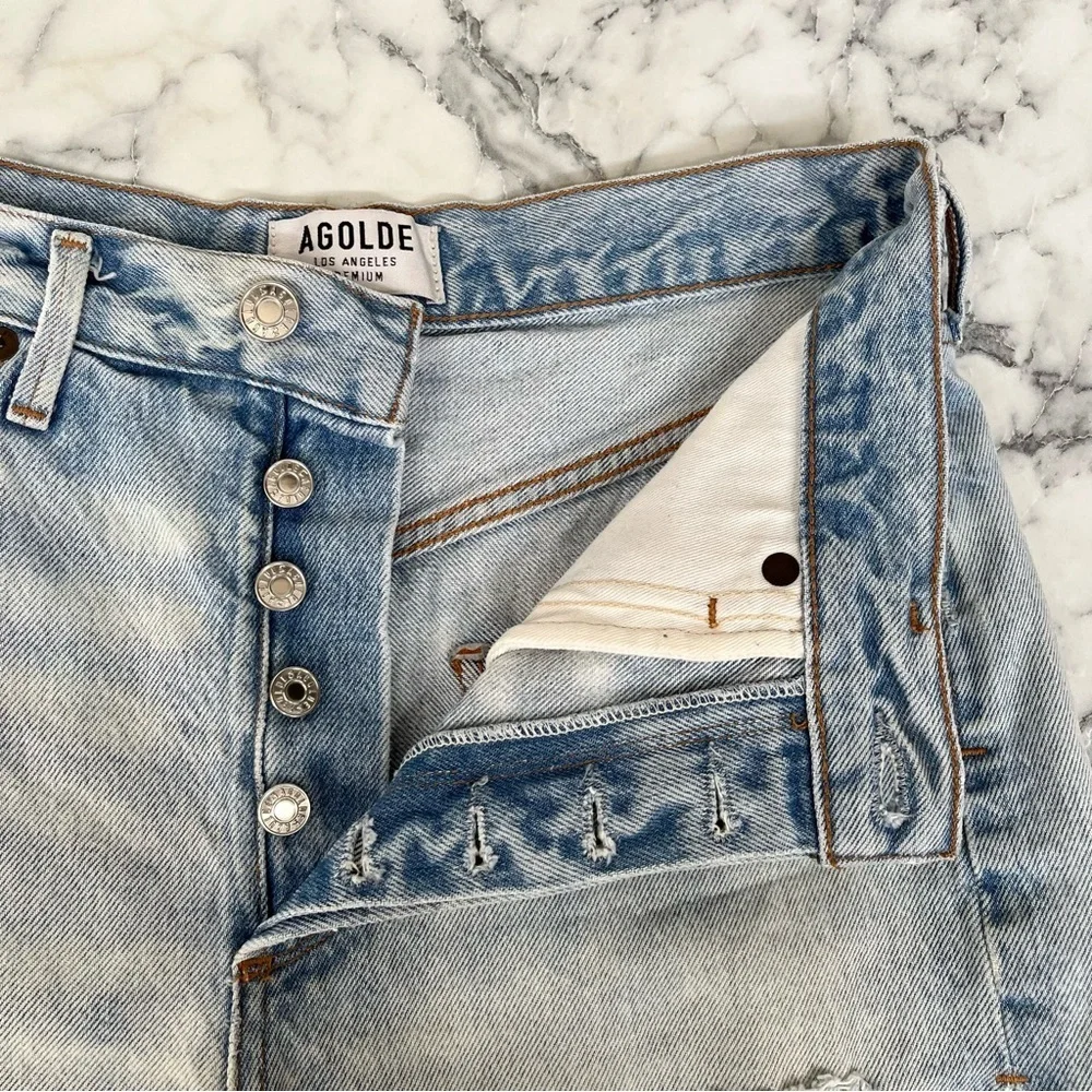 AGOLDE high rise Jaden denim jean shorts button fly distressed size 25